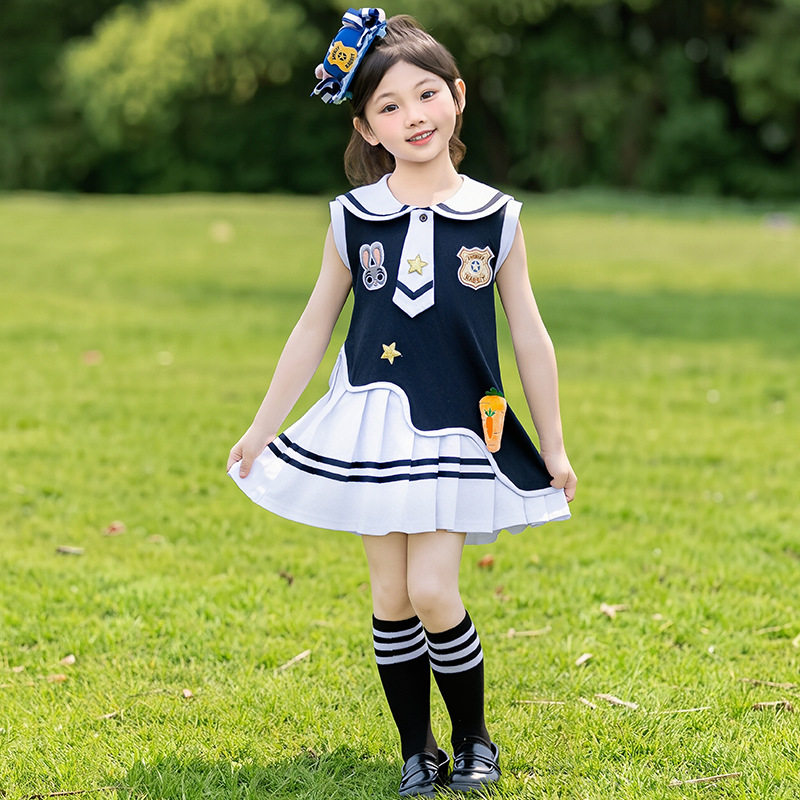 男女童夏季学院风兔子警官短袖2026新款儿童拼接连衣裙表演服套装