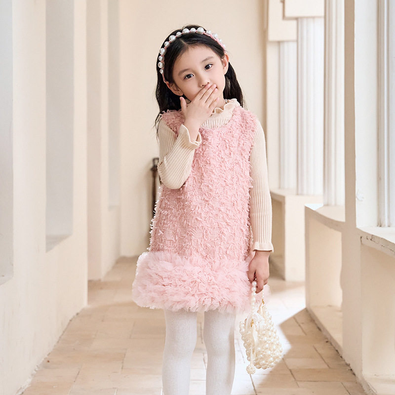 女童小香风毛呢背心裙2025春季新款加绒加厚洋气蝴蝶结公主连衣裙