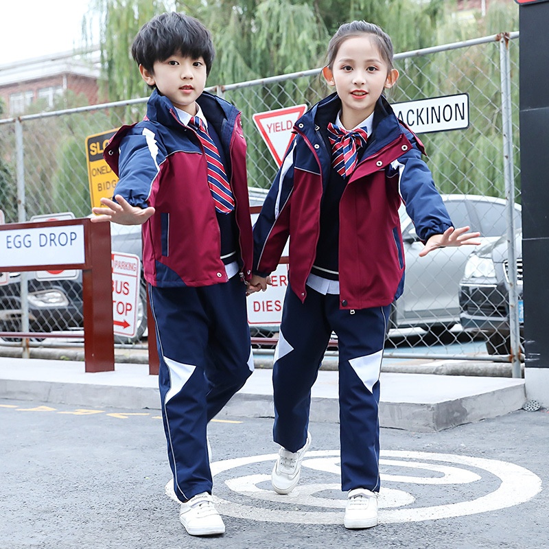 小学生拉链衫裤套装运动冬季冲锋衣三件套幼儿班服校服潮范拼色