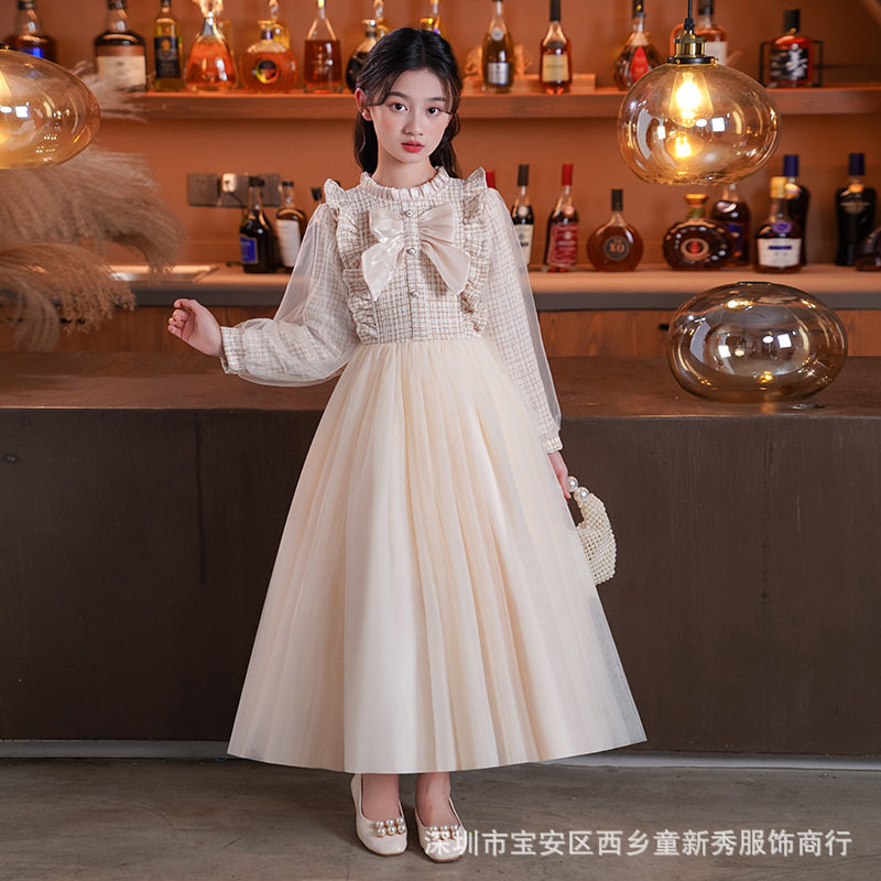 女童长袖连衣裙秋冬新款蓬蓬纱公主裙长款蝴蝶结加绒加厚大童礼服