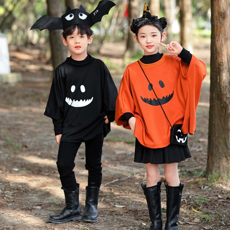 万圣节服饰南瓜衣服幽灵搞怪服装蝙蝠衫儿童女童男大童cos斗篷帽