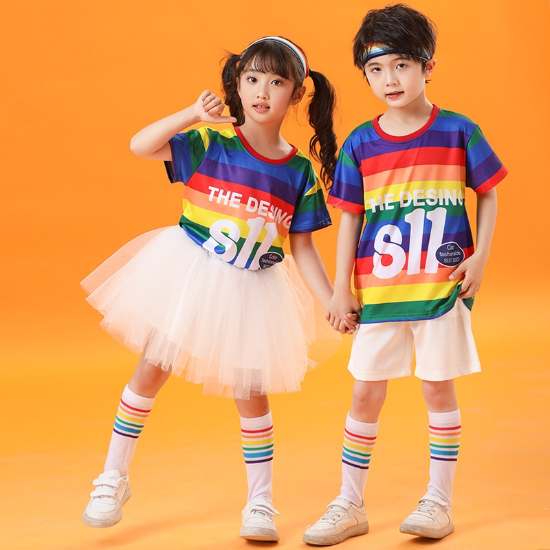 儿童啦啦队演出服洋气彩虹男女童啦啦操运动会团体表演服街舞潮服