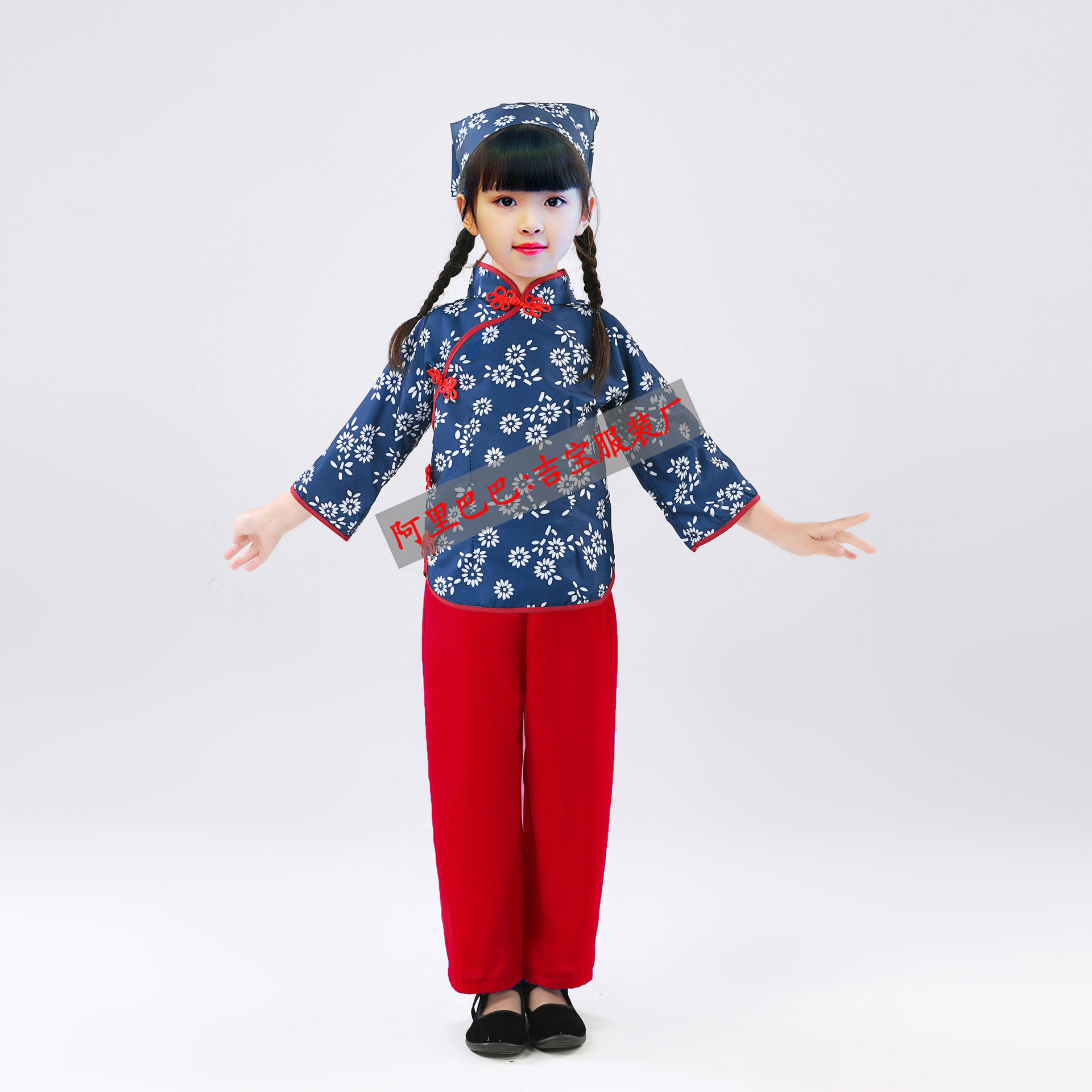 新款六一儿童村姑采茶服秧歌服女舞蹈农民阿庆嫂碎花表演出服装