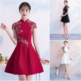 聚會禮服酒紅色成人連衣裙小清新年會禮服短袖 小禮服新款 結(jié)婚