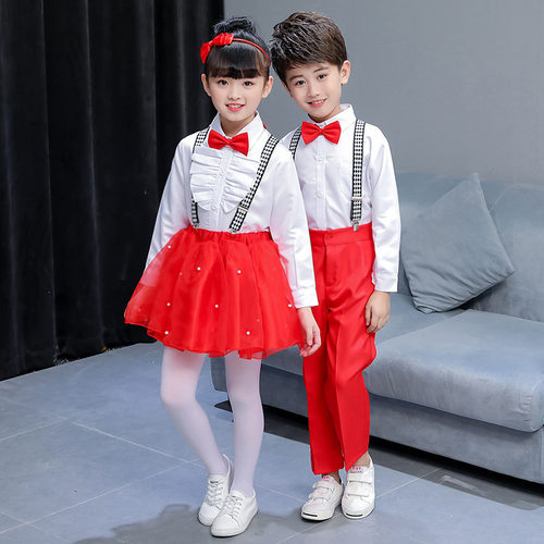 六一儿童背带裤大合唱团演出服装女童蓬蓬纱裙礼服诗歌朗诵表演服