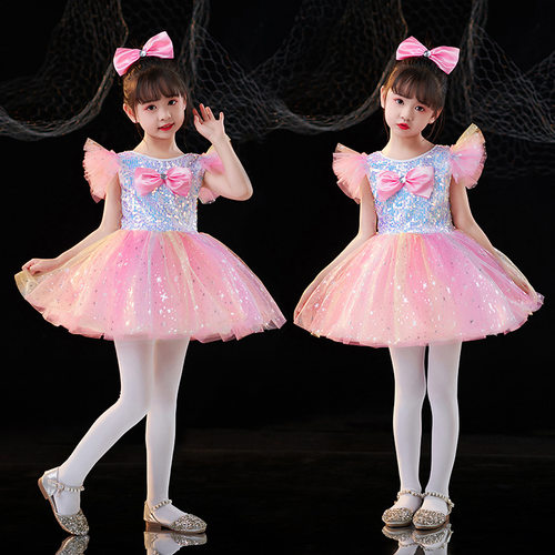 六一儿童演出服蓬蓬纱裙亮片舞蹈表演服女孩公主蓬蓬连衣裙晚礼服