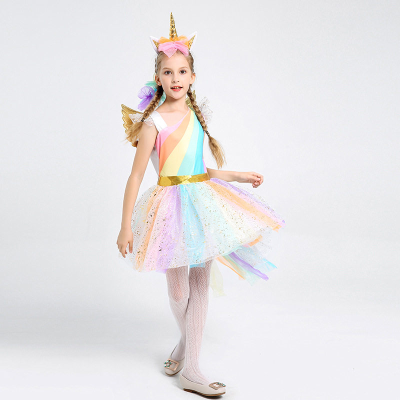儿童演出服万圣节cosplay服装独角兽连衣裙子舞台表演彩虹