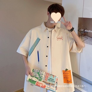 男純棉透氣襯衣港風(fēng)寬松大碼 夏季 短袖 襯衫 外套涂鴉風(fēng) 小眾半袖