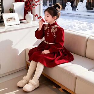女童秋冬加厚拜年服连衣裙新中式国风小女孩喜庆洋气过年演出服