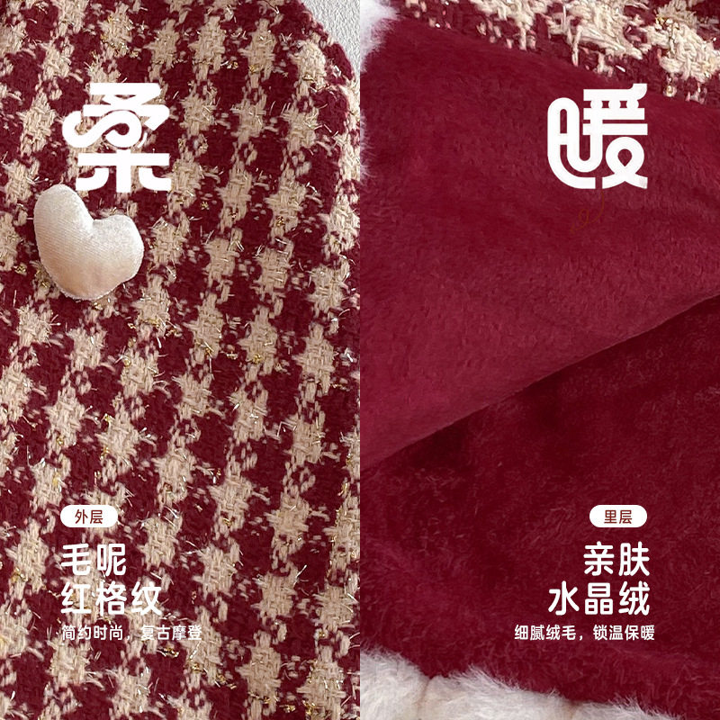 女童加绒拜年服小左小右冬季宝宝千鸟格爱心连衣裙儿童周岁礼服潮