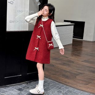女童中大童送包包连衣裙安可拉红新款套装裙子加绒加厚毛衣两件套