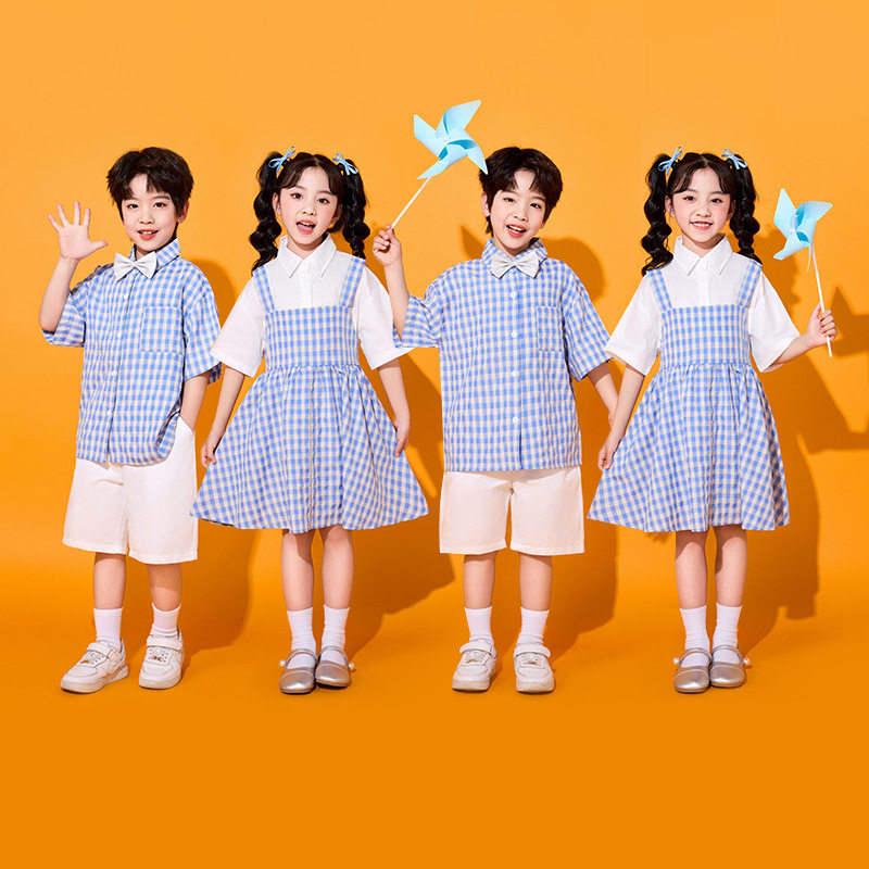 六一儿童演出服合唱服表演小学生运动会蓝色格子啦啦操幼儿园班服