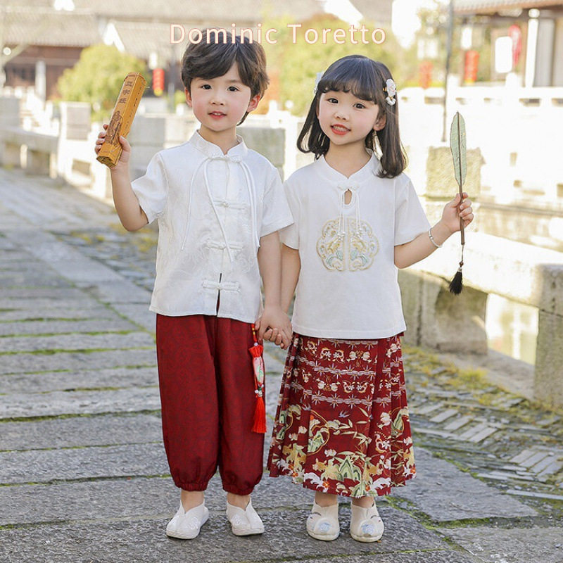 儿童国风汉服兄妹装幼儿园表演服男女宝宝春夏马面裙短袖套装