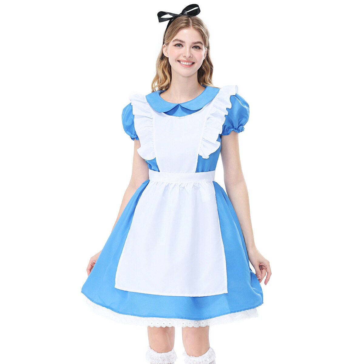 蓝白女仆装连衣裙 爱丽丝角色扮演服装 万圣节演出服装亚马逊货源