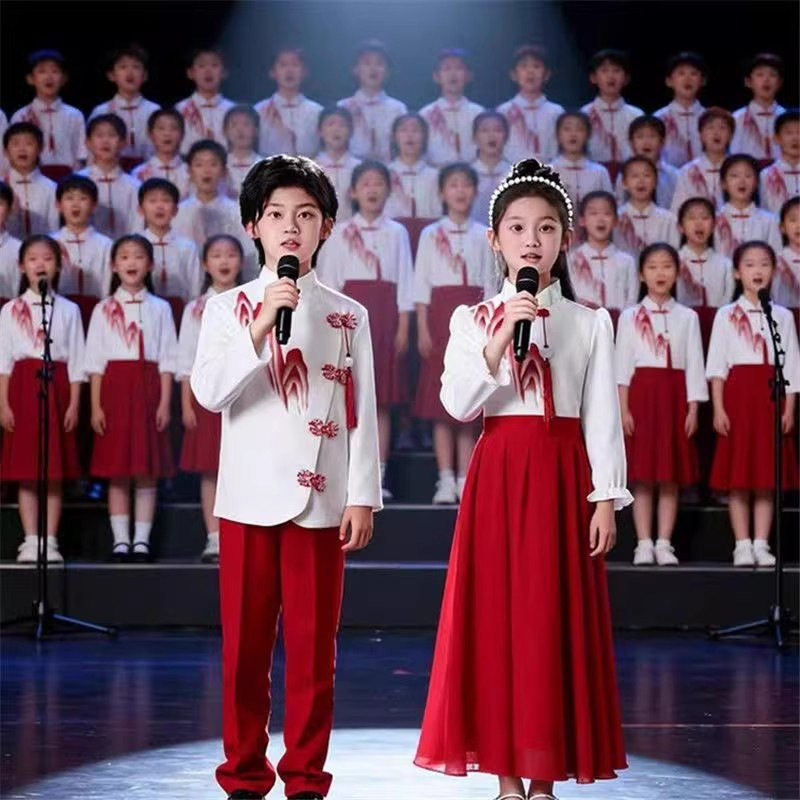 六一儿童合唱服演出服中国风红色初中小学生大合唱礼服朗诵表演服