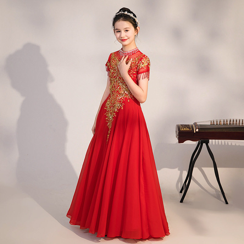 中国风女童古筝演出服儿童主持人合唱团礼服古典舞红色艺考表演服图片