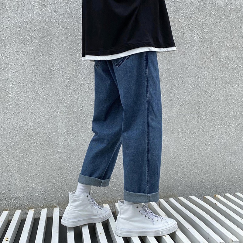 松紧腰直筒牛仔裤女宽松胖MM大码