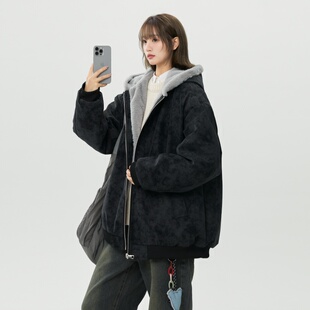 座山雕加绒羊羔毛棉服女冬季胖mm大码宽松棉袄加厚保暖皮棉衣外套