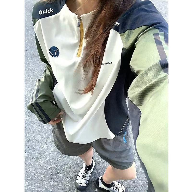 撞色长袖T恤女春秋新款胖mm大码宽松显瘦遮肉休闲运动骑行服上衣t