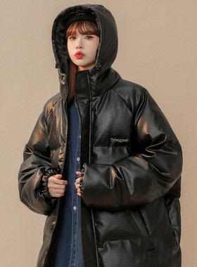 冬季PU皮羽绒棉服女宽松胖MM大码200斤棉衣显瘦百搭加厚棉袄外套