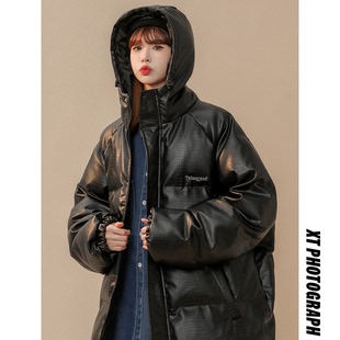 冬季PU皮加厚棉服女宽松胖MM大码200斤棉衣显瘦百搭保暖棉袄外套