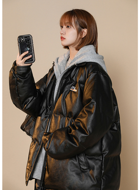 PU皮假两件棉衣女冬季胖MM宽松200斤棉袄显瘦大码羽绒棉服外套ins