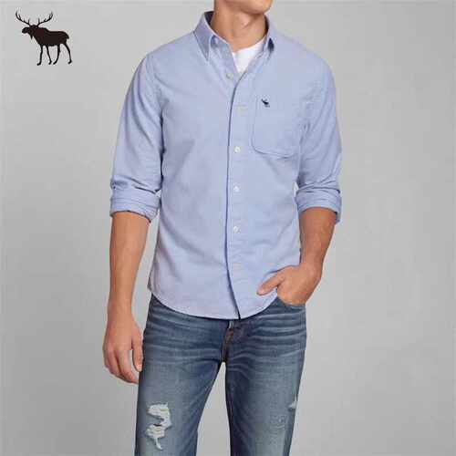 AF长袖衬衫小鹿刺绣纯棉条纹衬衣牛津纺春秋休闲青年简约欧美男装