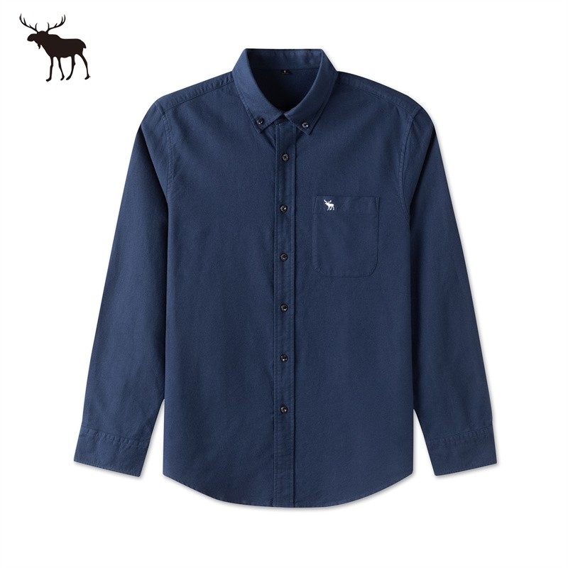 AF新款小鹿刺绣牛津纺长袖衬衫男士纯棉商务休闲衬衣修身纯色内搭