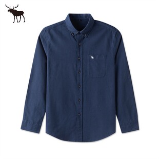 AF新款小鹿刺绣牛津纺长袖衬衫男士纯棉商务休闲衬衣修身纯色内搭