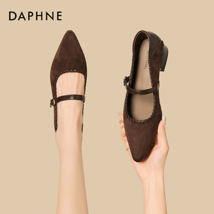 达芙妮法式绒面粗跟玛丽珍鞋女2026年春季新款气质尖头一字带皮鞋