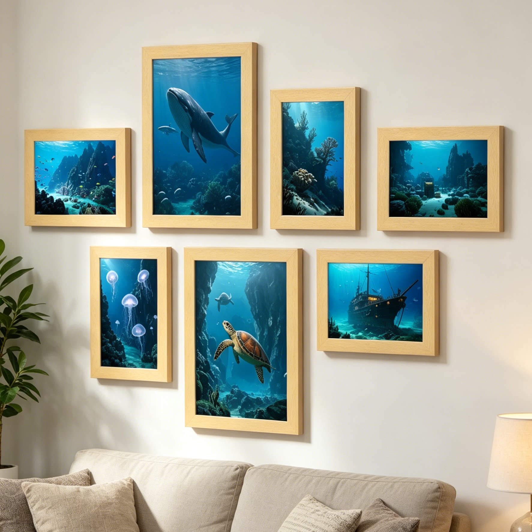 蓝色海洋深海生物相框挂画
