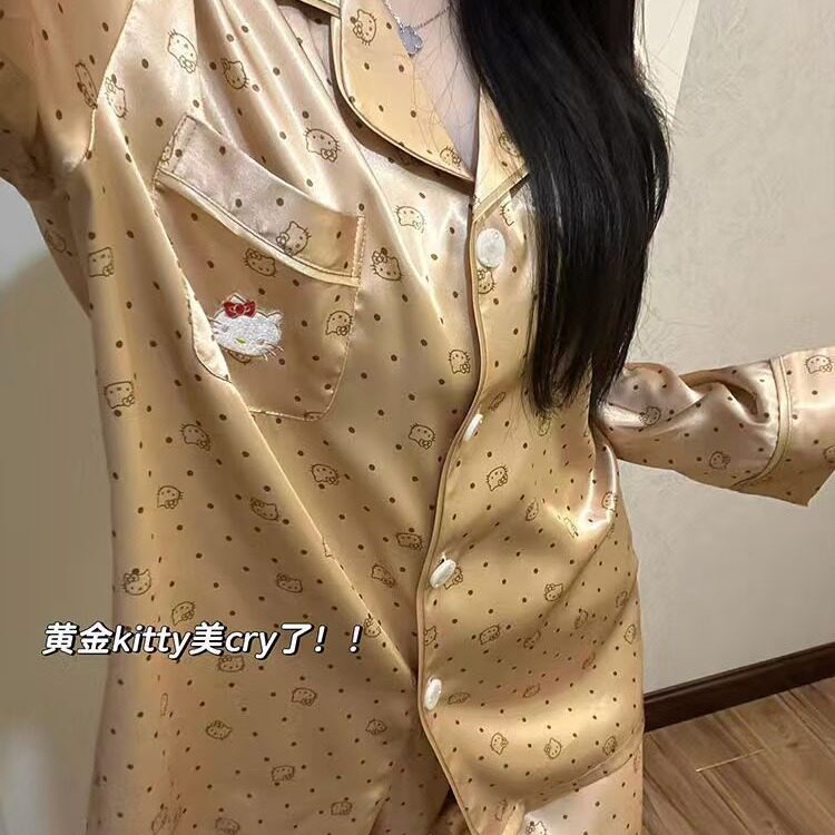 春秋季冰丝睡衣女款长袖可爱波点HelloKitty高级感家居服套装夏天