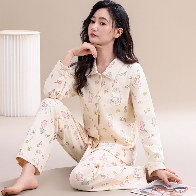2025新款春秋季长袖棉质睡衣女开
