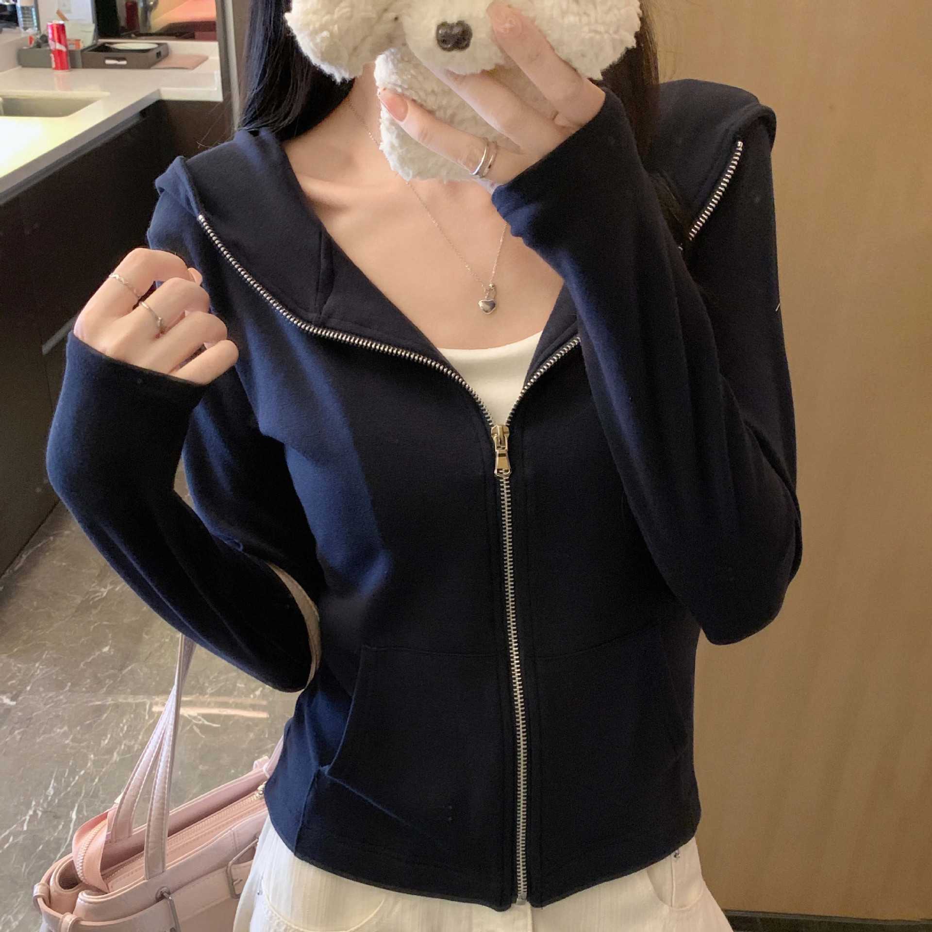 K1219腈纶拉链连帽开衫女春秋冬季修身显瘦百搭长袖打底上衣外套