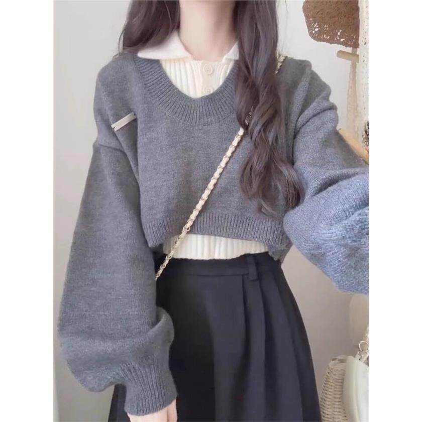 学院风短款POLO领毛衣女