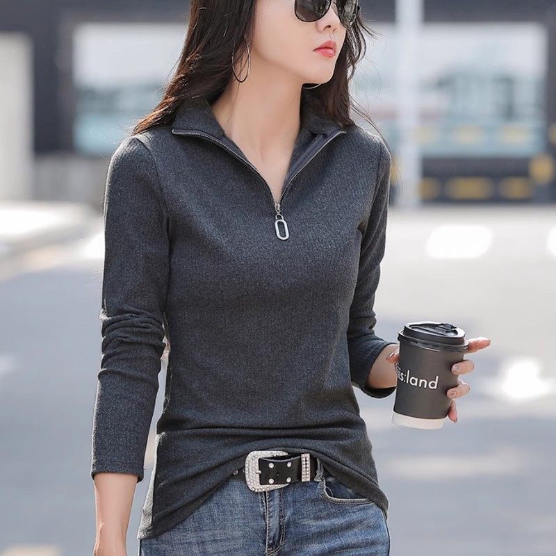 纯棉半高领打底衫女装2025秋季外穿翻领修身显瘦螺纹长袖T恤中领