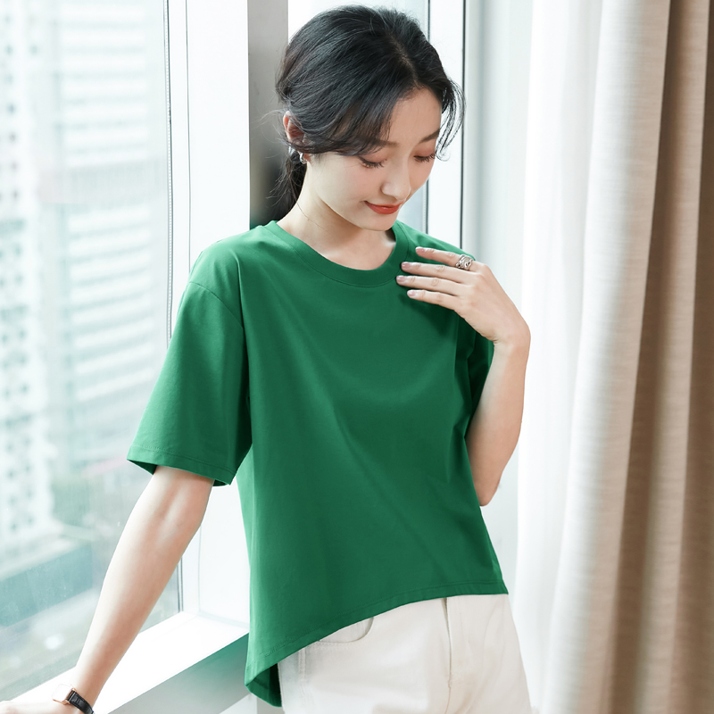 2025夏季宽松休闲短袖t恤女大码半袖女装前短后长遮肚显瘦上衣女