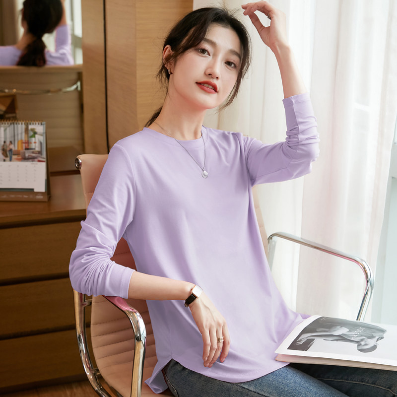 丝光棉长袖t恤女中长款春秋新款宽松纯棉打底衫洋气外穿开叉上衣