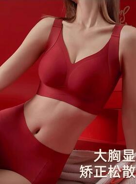 润珂薇调整型收副乳本命年红色内衣女大码防下垂大胸显小文胸套装