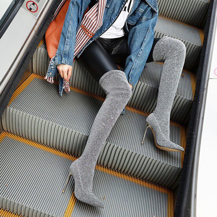 INTERNET CELEBRITY SKINNY BOOTS HEIGHTENED OVER-THE-KNEE BOOTS WOMENS POINTED TOE HIGH HEELS LEOPARD PRINT BOOTS FEMININE STRETCH BOOTS SOCK BOOTS