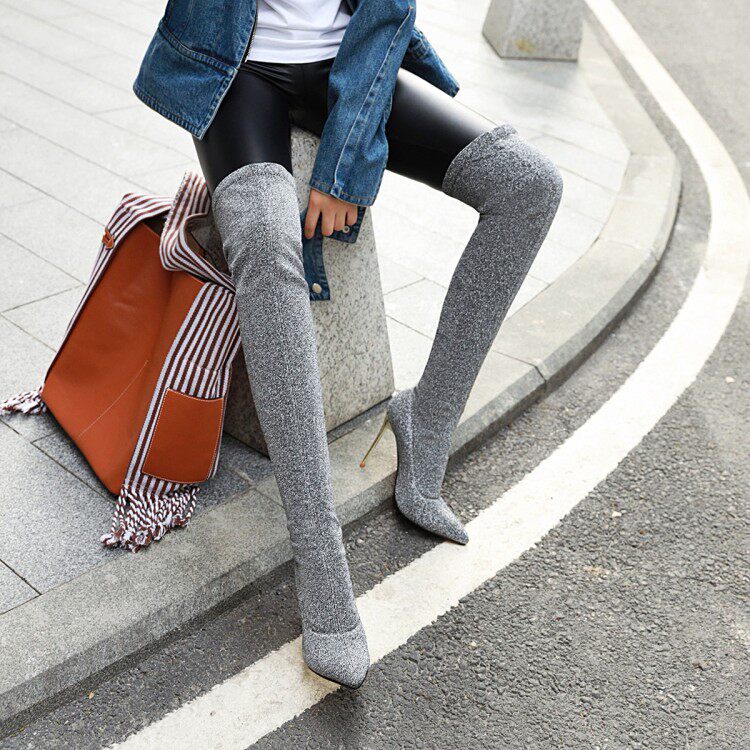 INTERNET CELEBRITY SKINNY BOOTS HEIGHTENED OVER-THE-KNEE BOOTS WOMENS POINTED TOE HIGH HEELS LEOPARD PRINT BOOTS FEMININE STRETCH BOOTS SOCK BOOTS