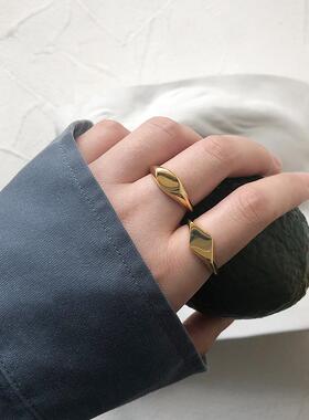 不褪色欧美极简风菱形橄榄戒指食指戒金色指环百搭套戒钛钢镀K金