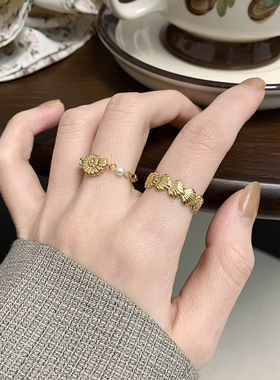 不掉色ins风贝壳海螺珍珠开口可调节指环食指戒硅胶珠戒指钛钢镀K