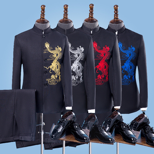 演出服男歌手青年主持人服装黑色中山装西服男装秋唐装复古中国风