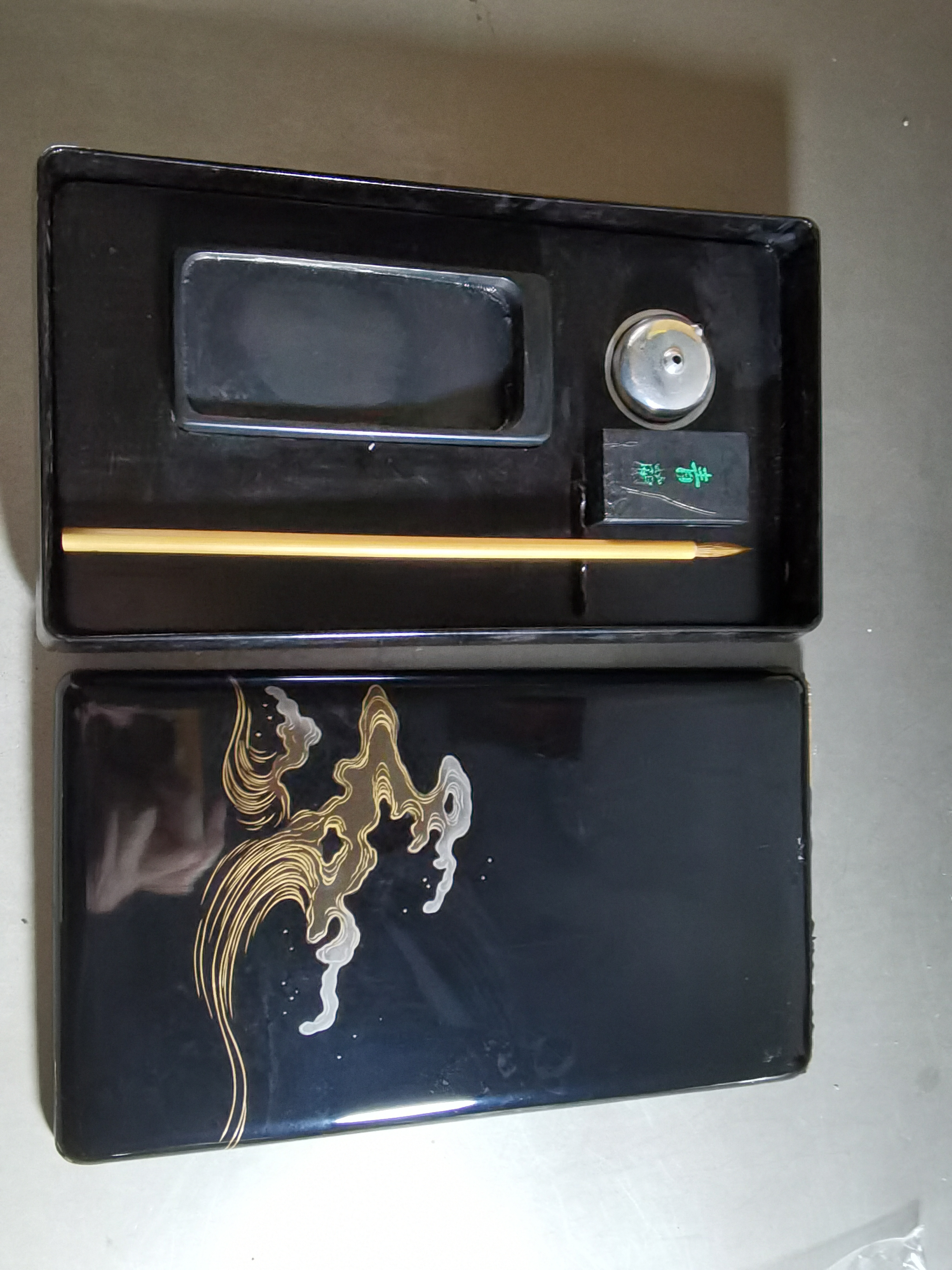阅古斋日本实木大漆金莳绘二手文房四宝套装砚台水滴毛笔墨块包邮