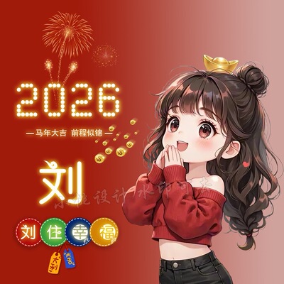 2026新年红色直播同款可爱卡通姓氏情侣谐音梗微信头像背景图定制