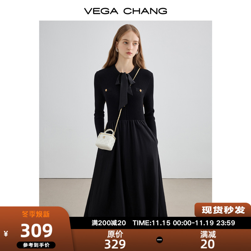 VEGACHANG黑色长袖连衣裙