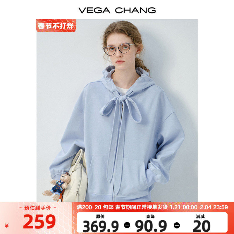 VEGA CHANG连帽卫衣女2025年春季新款蝴蝶结系带宽松时尚长袖上衣