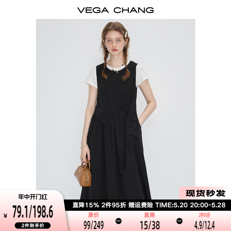 VEGA CHANG黑色显瘦气质连衣裙女2024年夏新款设计感A字背心长裙