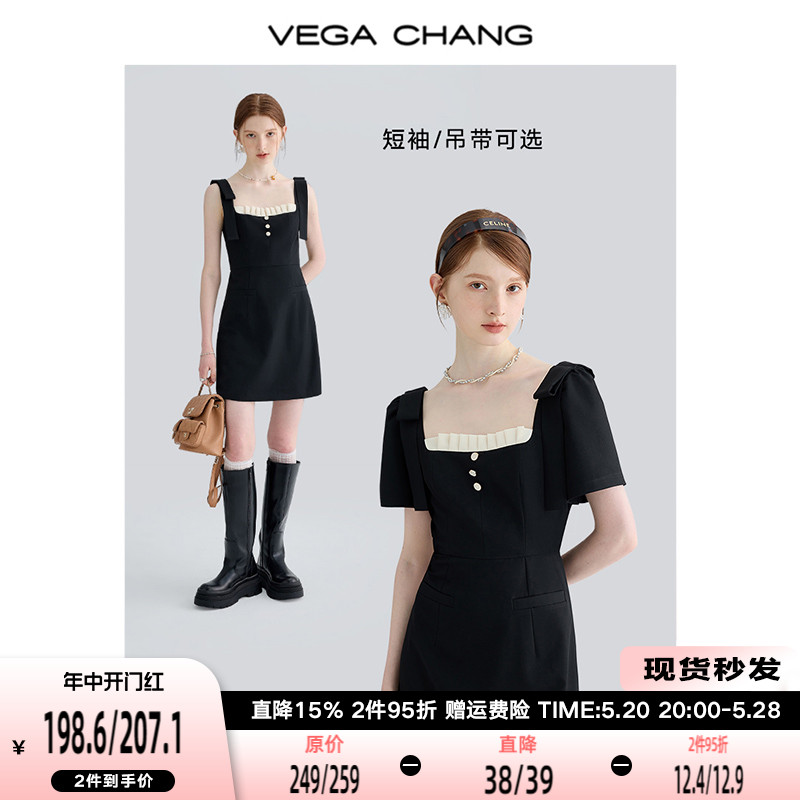 VEGA CHANG泡泡袖连衣裙女2024夏新款赫本风黑色显瘦气质法式短裙